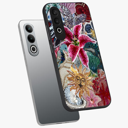 Beaded Garden Fantasy Glass Case for 1+Nord Ce 4 angled mockup showcasing glossy finish and detailed fantasy design