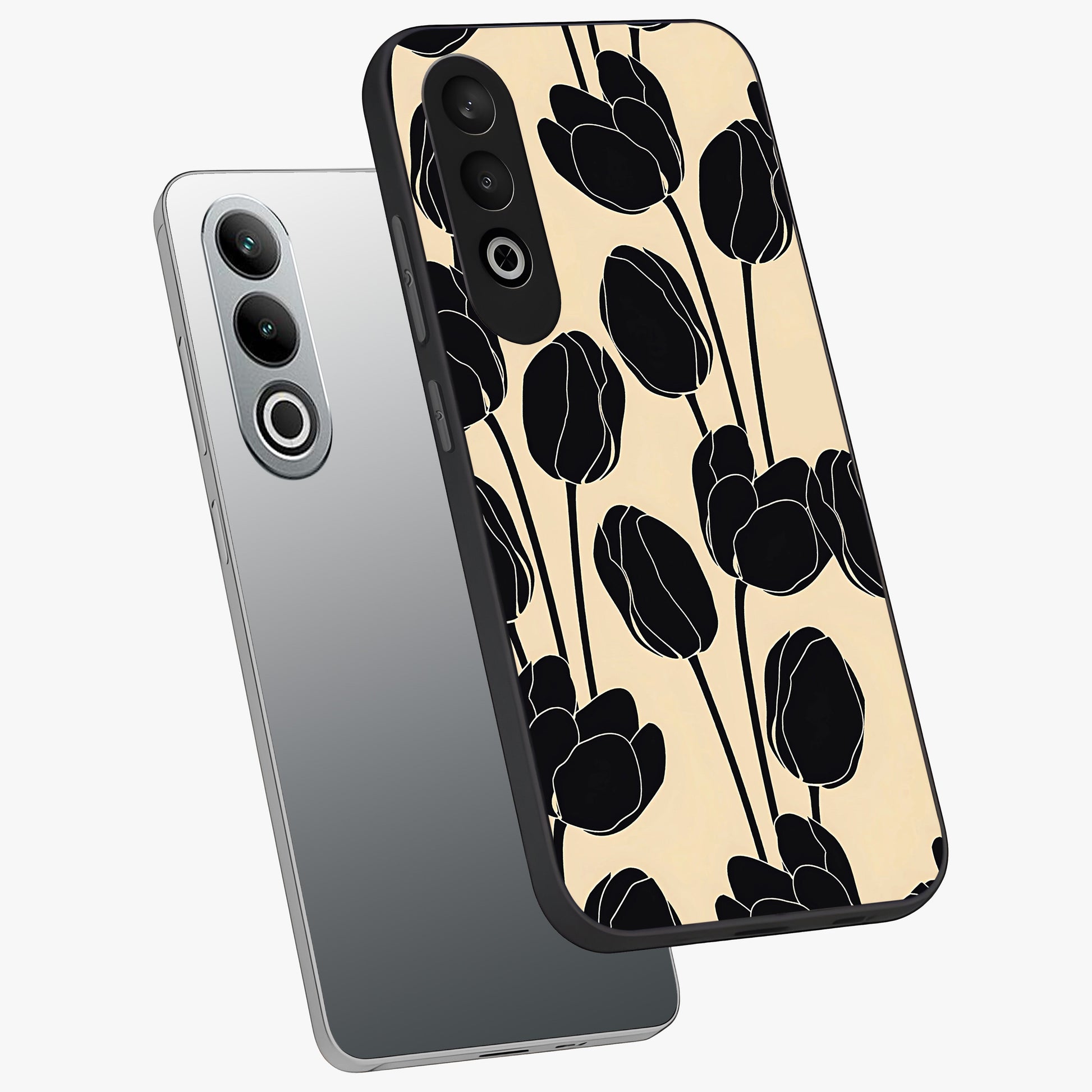 Black Designer Tulip Glass Case for 1+Nord Ce 4 angled mockup showcasing glossy finish and premium floral detailing