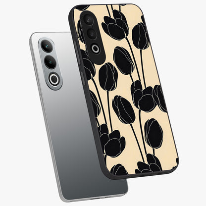 Black Designer Tulip Glass Case for 1+Nord Ce 4 angled mockup showcasing glossy finish and premium floral detailing