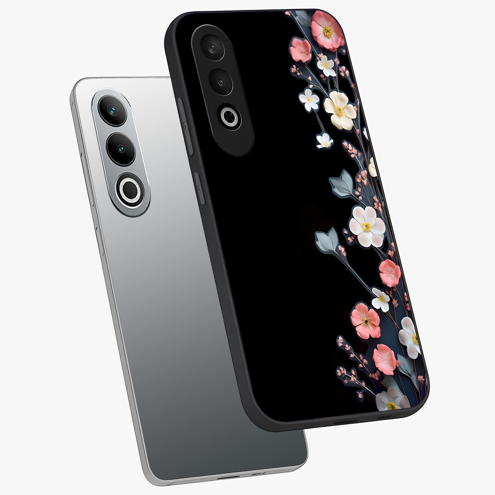 Black Elegance Floral Custom Name Glass Case for 1+Nord Ce 4 angled mockup showcasing glossy finish and sophisticated black theme