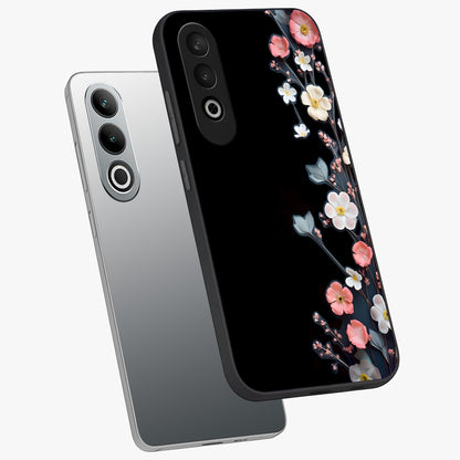 Black Elegance Floral Custom Name Glass Case for 1+Nord Ce 4 angled mockup showcasing glossy finish and sophisticated black theme