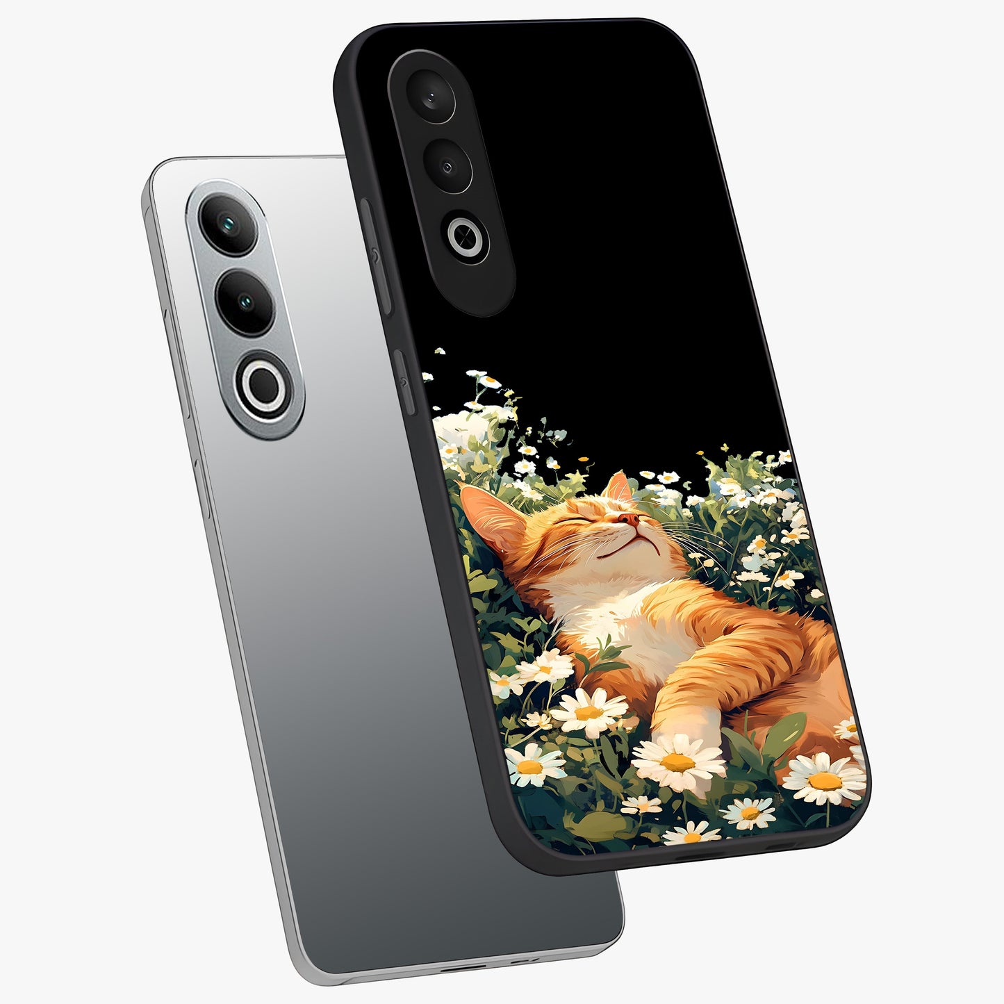 Blissful Bloom Cat Glass Case for 1+Nord Ce 4 angled mockup showcasing glossy glass finish and vibrant bloom detailing