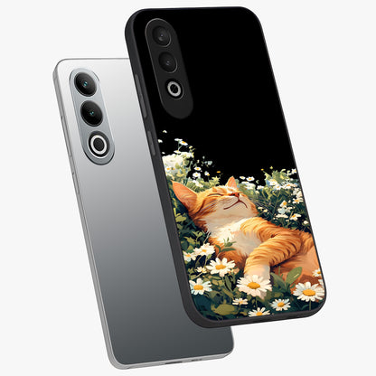 Blissful Bloom Cat Glass Case for 1+Nord Ce 4 angled mockup showcasing glossy glass finish and vibrant bloom detailing