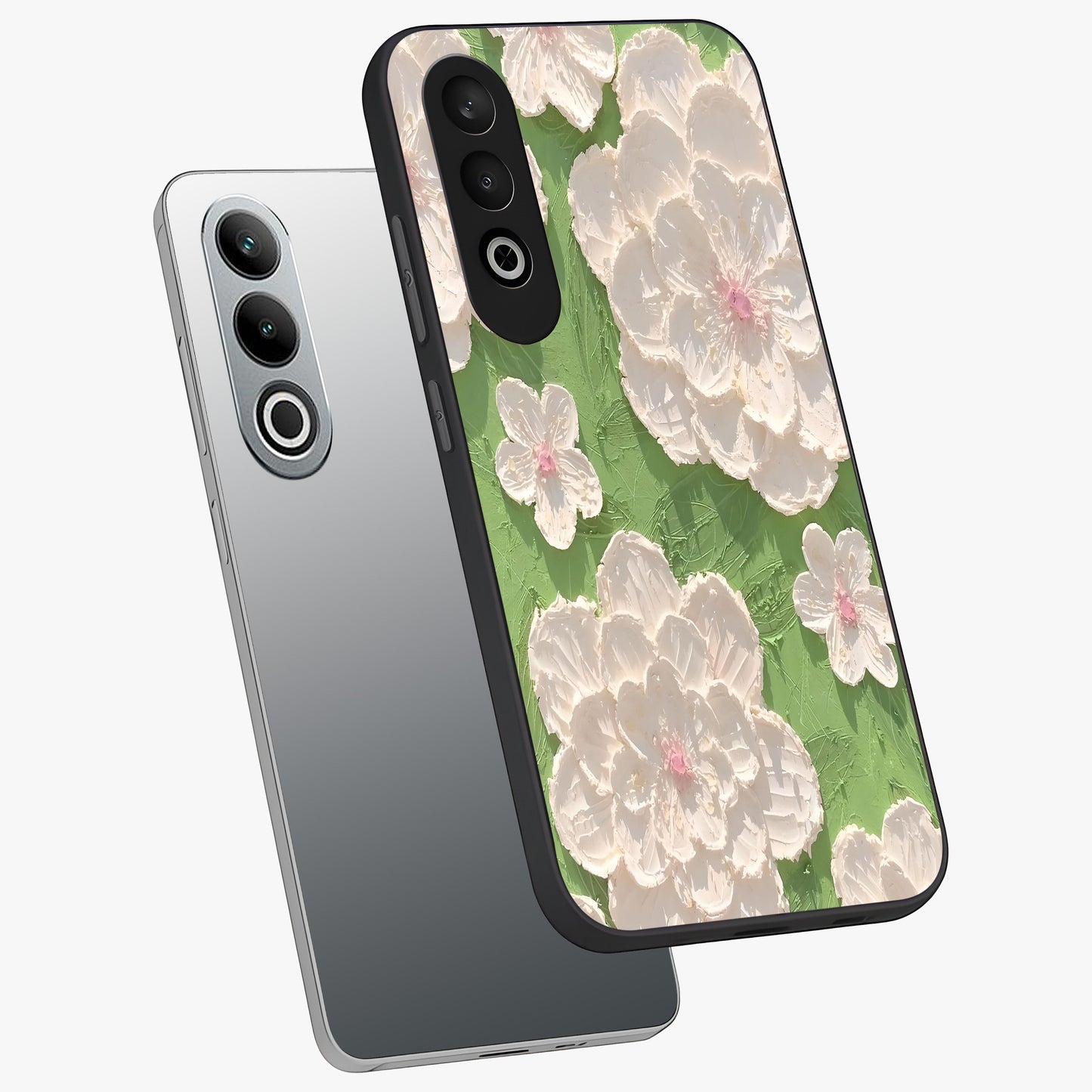 Blossom Meadow Dreams Glass Case for 1+Nord CE 4 angled mockup showcasing glossy finish and pastel bloom textures