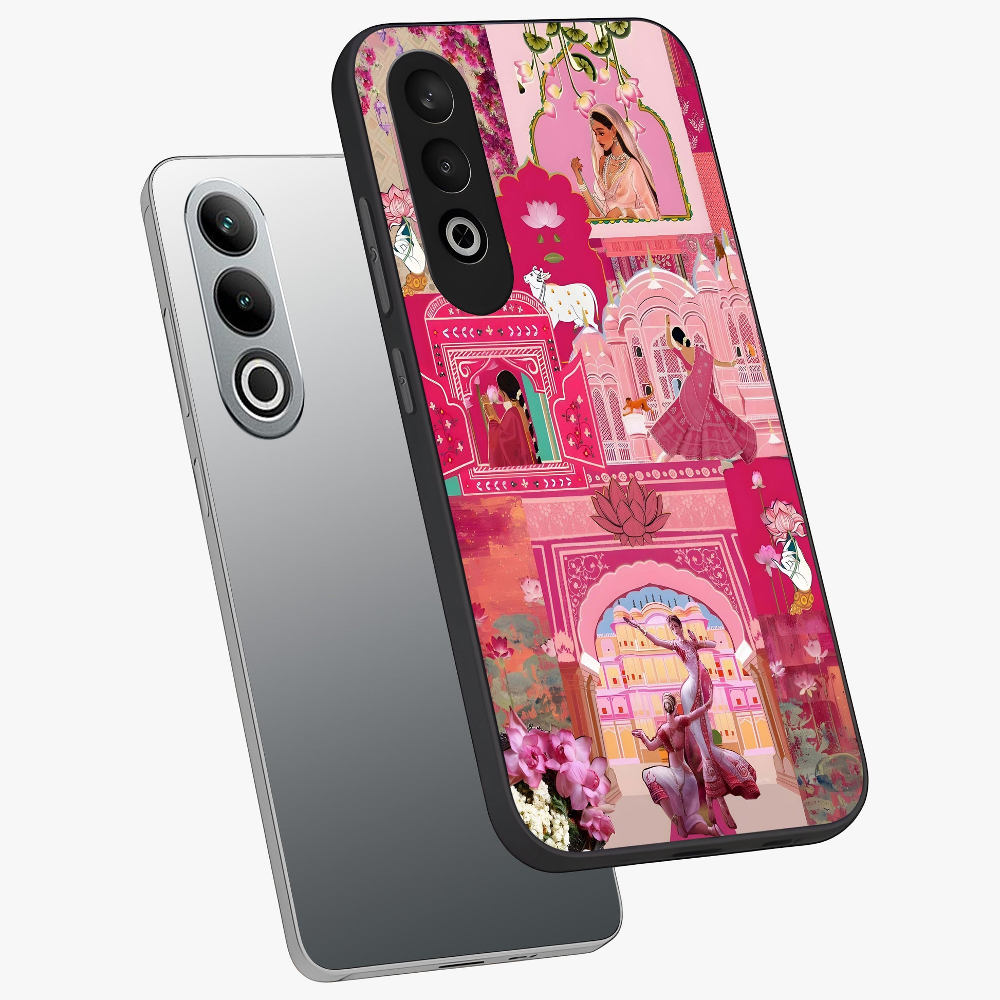 Blossoms of Rajasthan Glass Case for 1+Nord CE 4 angled mockup showcasing glossy finish and rich cultural patterns
