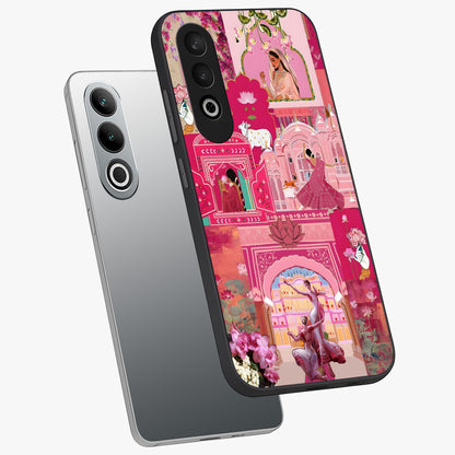 Blossoms of Rajasthan Glass Case for 1+Nord CE 4 angled mockup showcasing glossy finish and rich cultural patterns