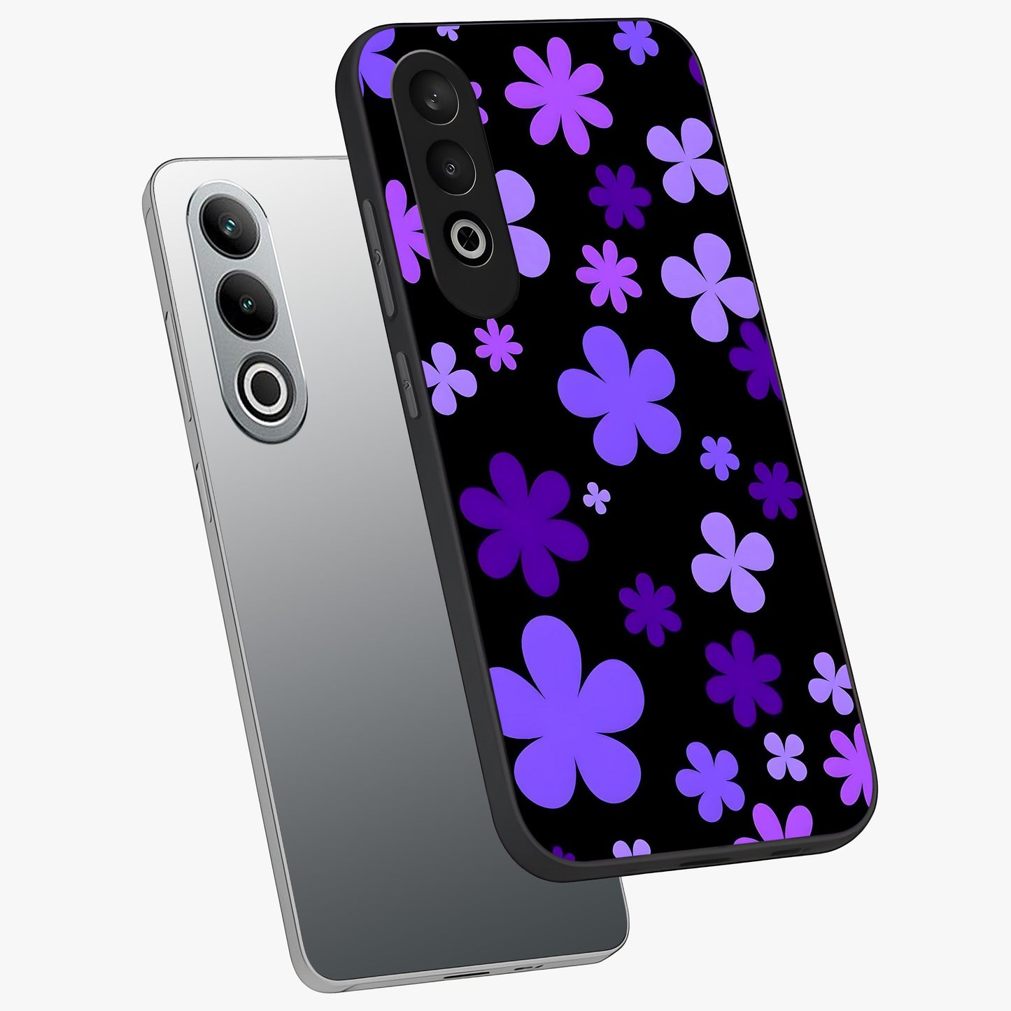 Blue Retro Pop Flowers Glass Case for 1+Nord CE 4 angled mockup showcasing glossy finish and playful pop flower design