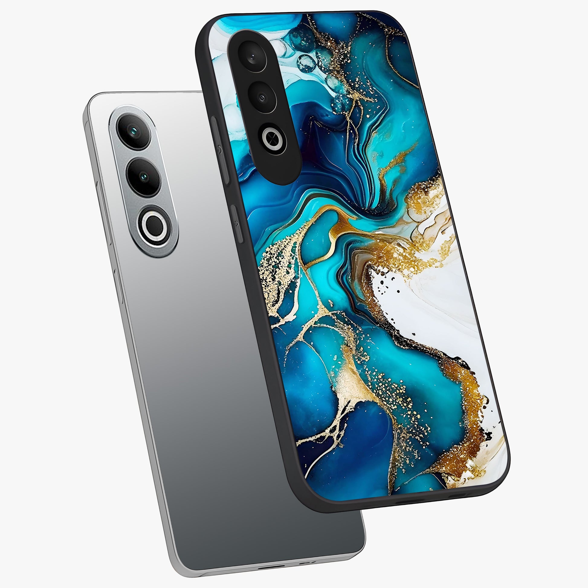 Blue and White Marble With Golden Viens Art Glass Case for 1+Nord Ce 4 angled mockup showcasing glossy finish and premium marble pattern