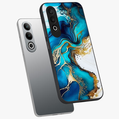 Blue and White Marble With Golden Viens Art Glass Case for 1+Nord Ce 4 angled mockup showcasing glossy finish and premium marble pattern