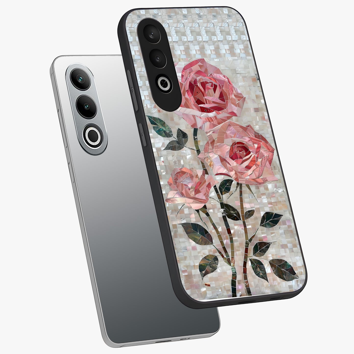 Blush Mosaic Bloom Glass Case for 1+Nord Ce 4 angled mockup showcasing glossy finish and detailed mosaic patterns