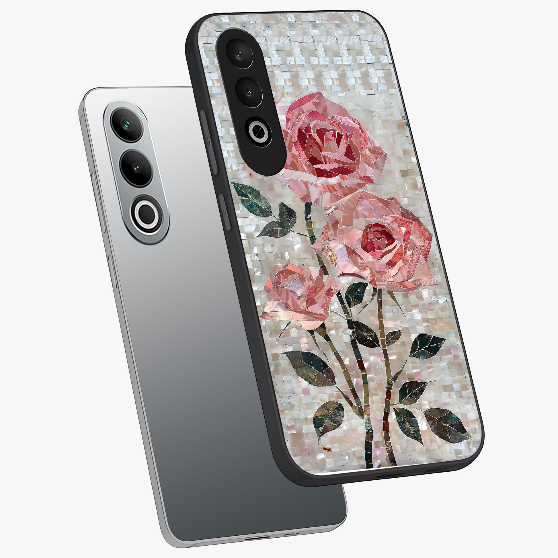 Blush Mosaic Bloom Glass Case for 1+Nord Ce 4 angled mockup showcasing glossy finish and detailed mosaic patterns
