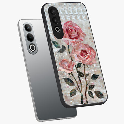 Blush Mosaic Bloom Glass Case for 1+Nord Ce 4 angled mockup showcasing glossy finish and detailed mosaic patterns