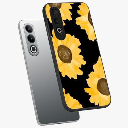 Bold Sunflowers Glow Glass Case for 1+Nord Ce 4 angled mockup showcasing glossy glass finish and bright floral detailing