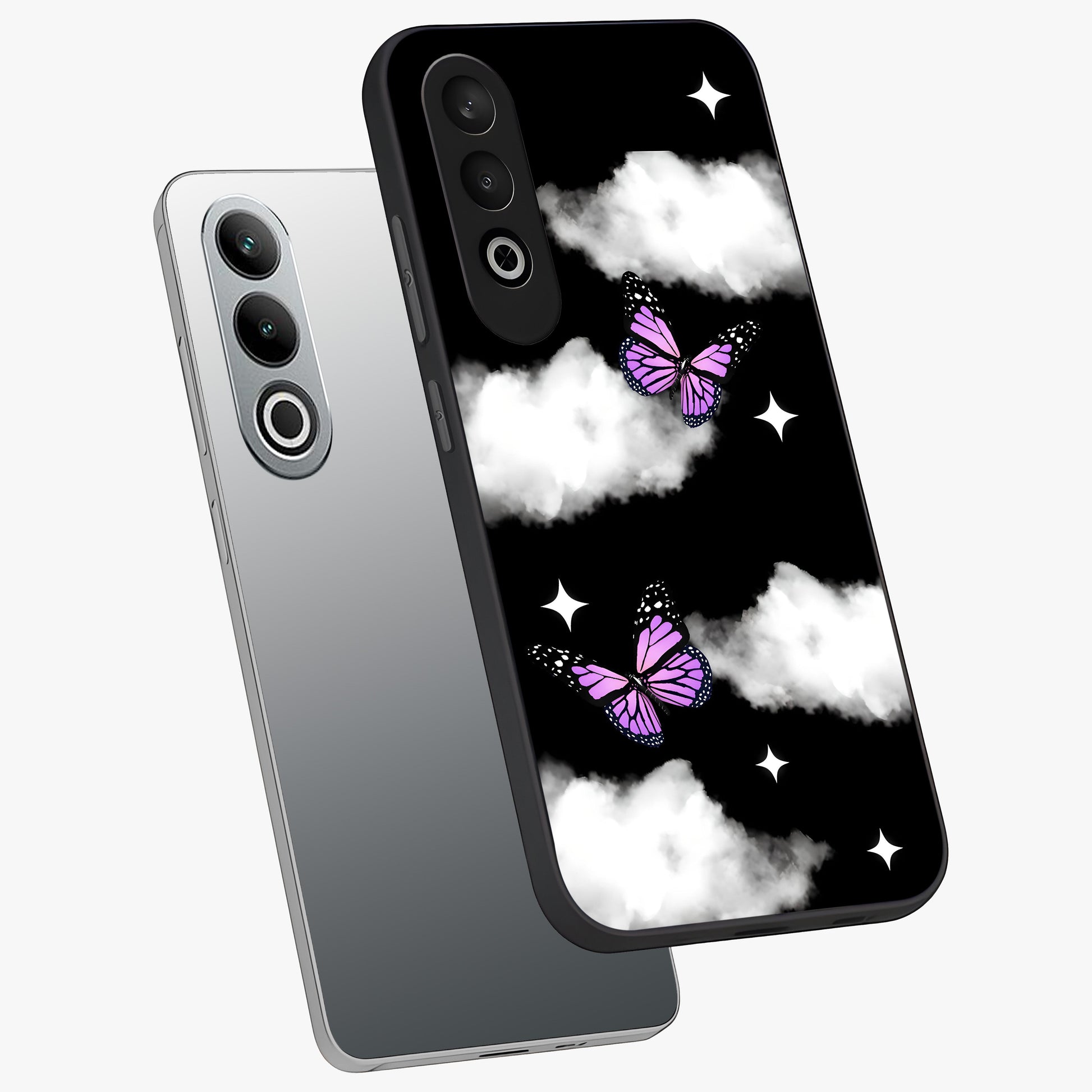 Butterfly Night Drift Glass Case for 1+Nord Ce 4 angled mockup showcasing glossy finish and deep midnight gradients