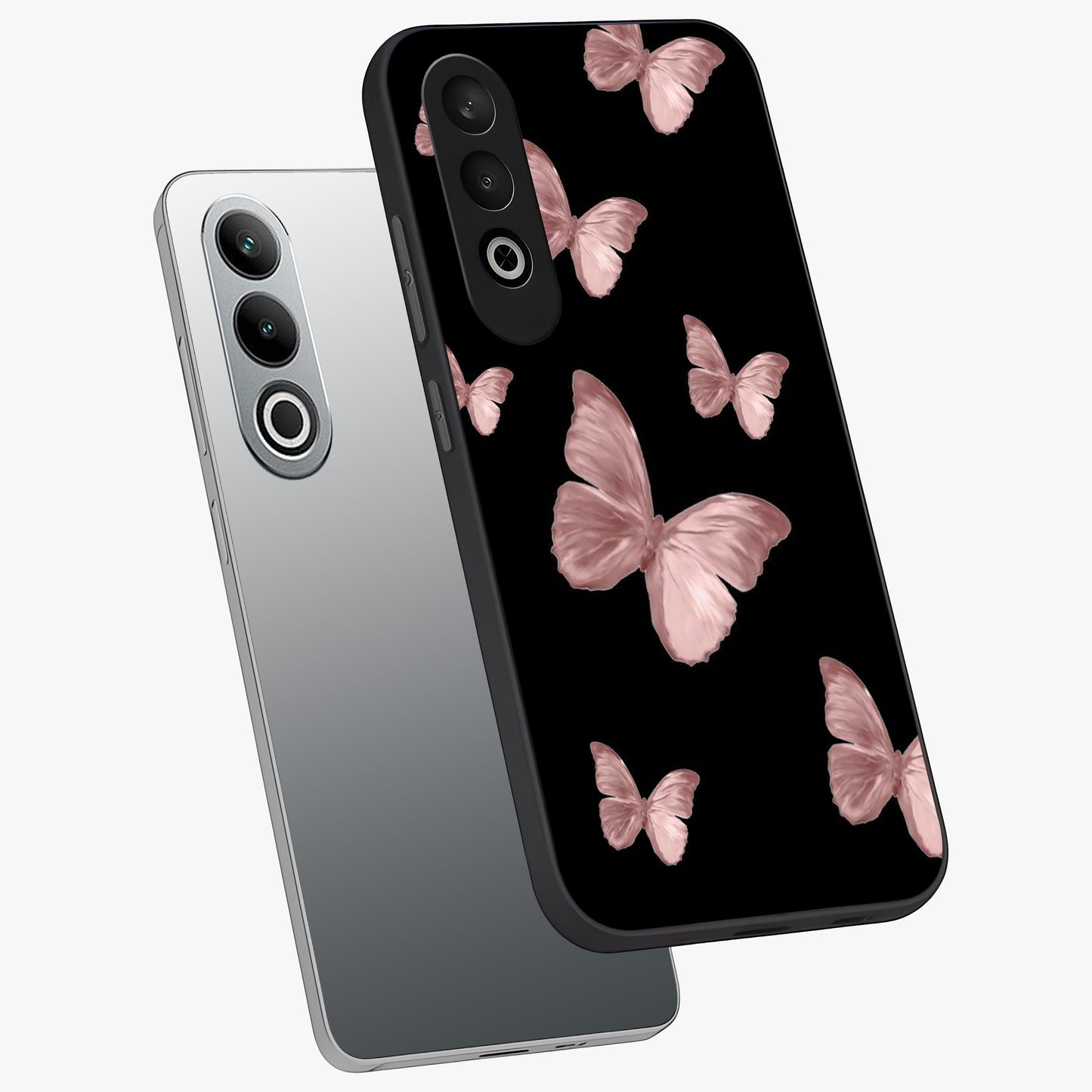 Butterfly Pattern Glass Case for 1+Nord CE 4 angled mockup showcasing glossy glass finish and delicate wing design