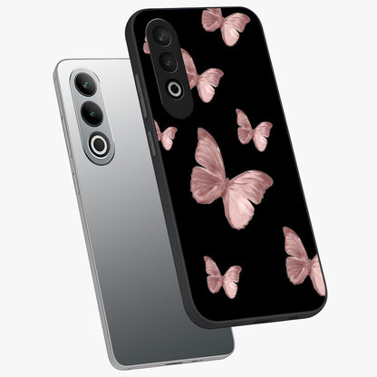 Butterfly Pattern Glass Case for 1+Nord CE 4 angled mockup showcasing glossy glass finish and delicate wing design
