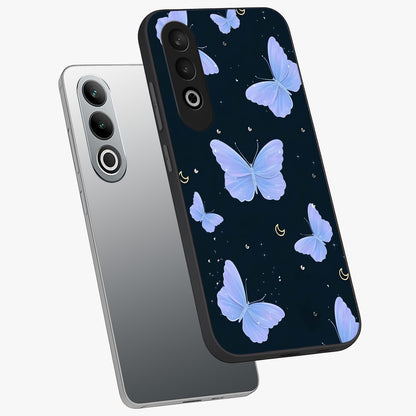 Butterfly With Stars Pattern Glass Case for 1+Nord Ce 4 angled mockup showcasing glossy finish and celestial inspired design