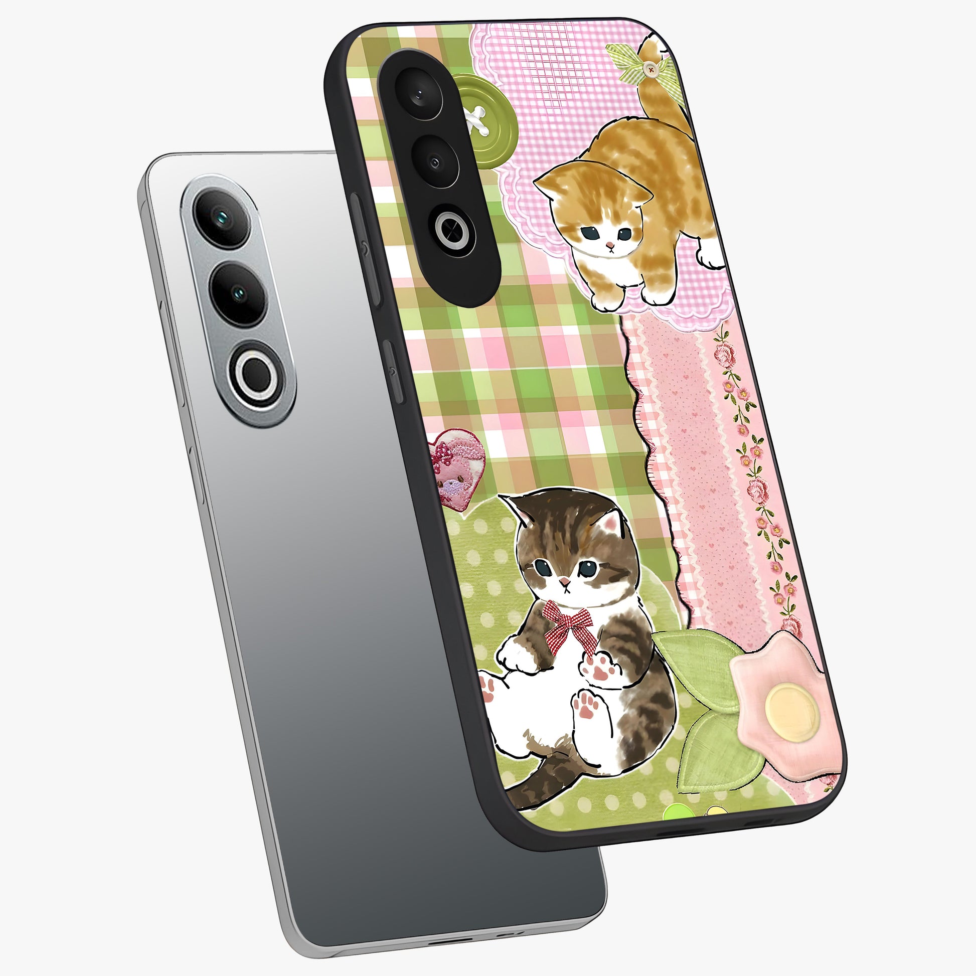 Cats Sweet Button Glass Case for 1+Nord CE 4 angled mockup showcasing glossy finish and charming character design
