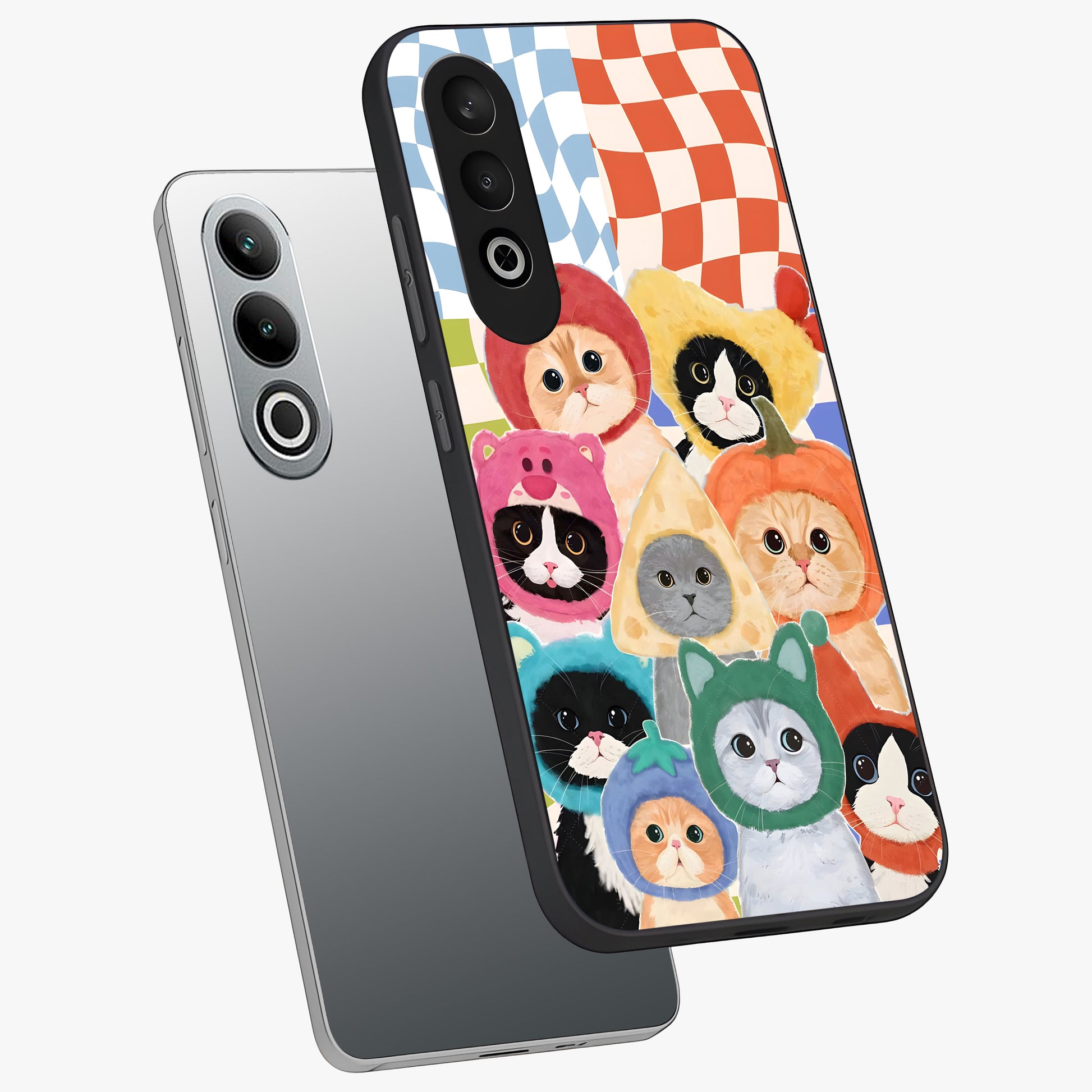 Cats in Fruits Glass Case for 1+Nord CE 4 angled mockup showcasing glossy finish and colorful aesthetic design
