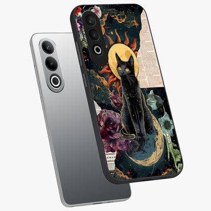 Celestial Black Cat Glass Case for 1+Nord CE 4 angled mockup showcasing glossy finish and celestial glow detailing