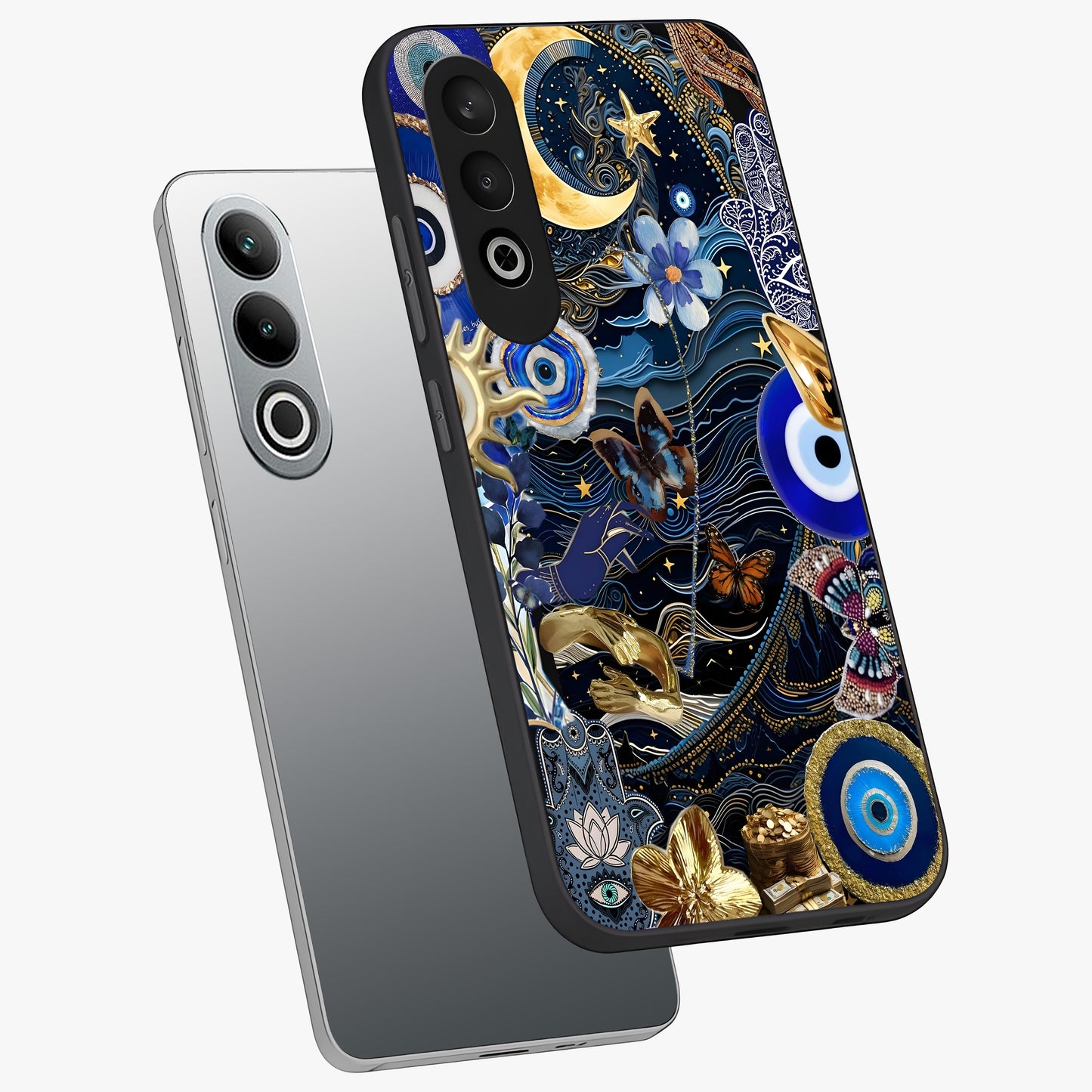 Celestial Blessing Shield Glass Case for 1+Nord CE 4 angled mockup showcasing glossy finish and divine design elements