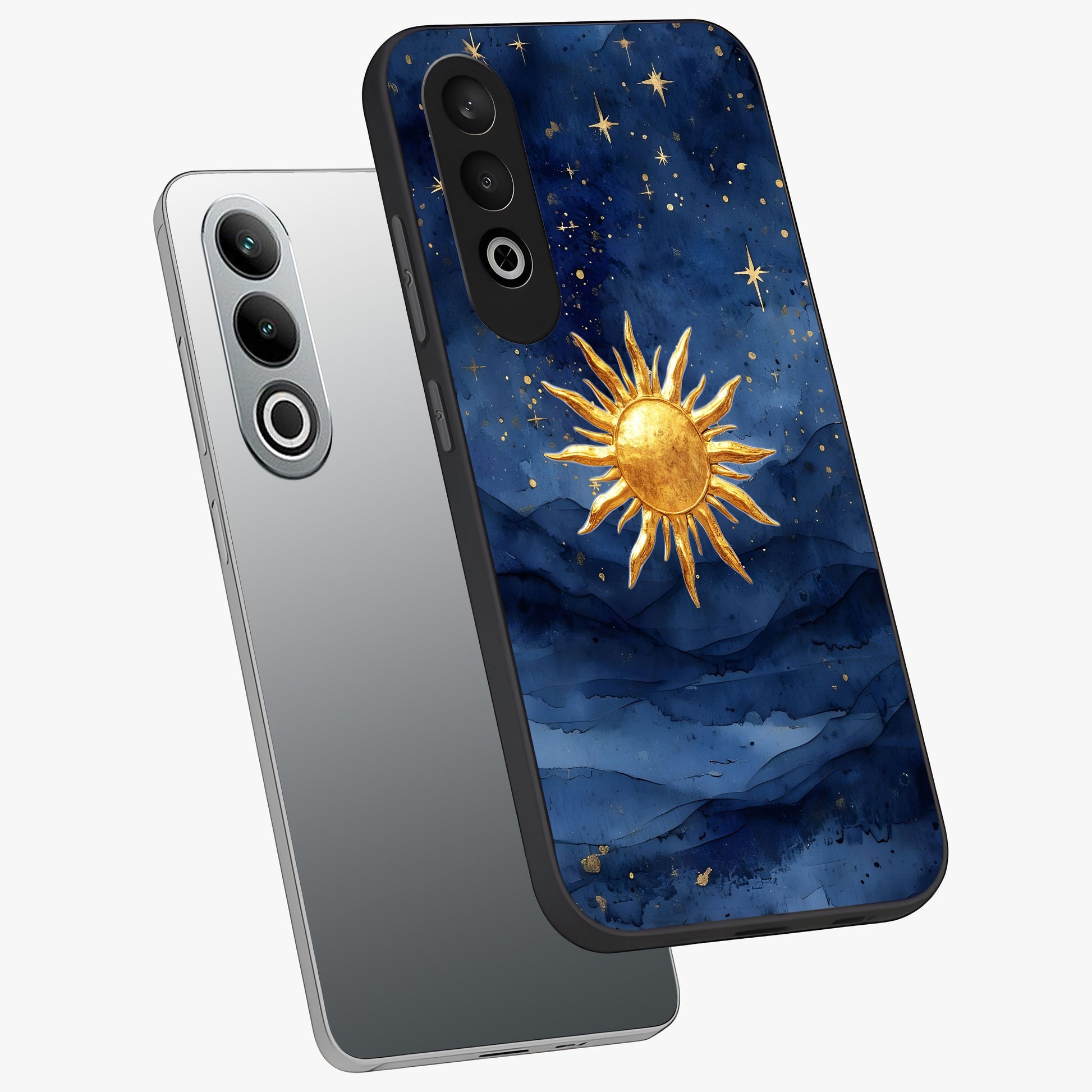 Celestial Blue Glow Glass Case for 1+Nord Ce 4 angled mockup showcasing glossy finish and luminous celestial tones