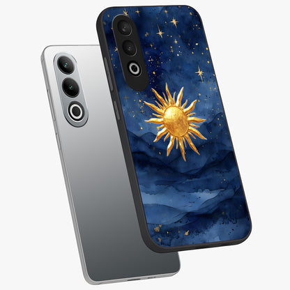 Celestial Blue Glow Glass Case for 1+Nord Ce 4 angled mockup showcasing glossy finish and luminous celestial tones