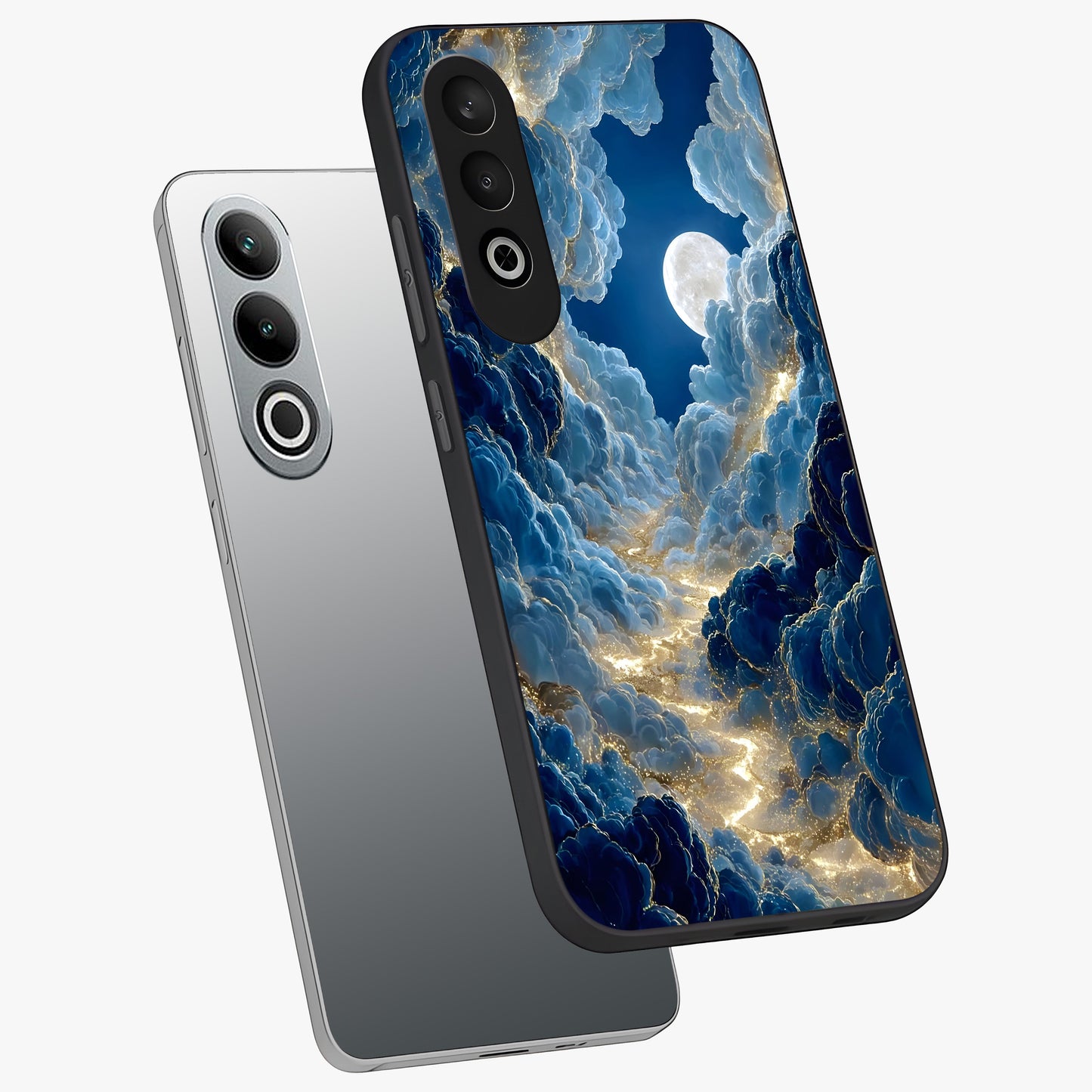Celestial Cloud Path Glass Case for 1+Nord CE 4 angled mockup showcasing glossy finish and soft celestial gradients