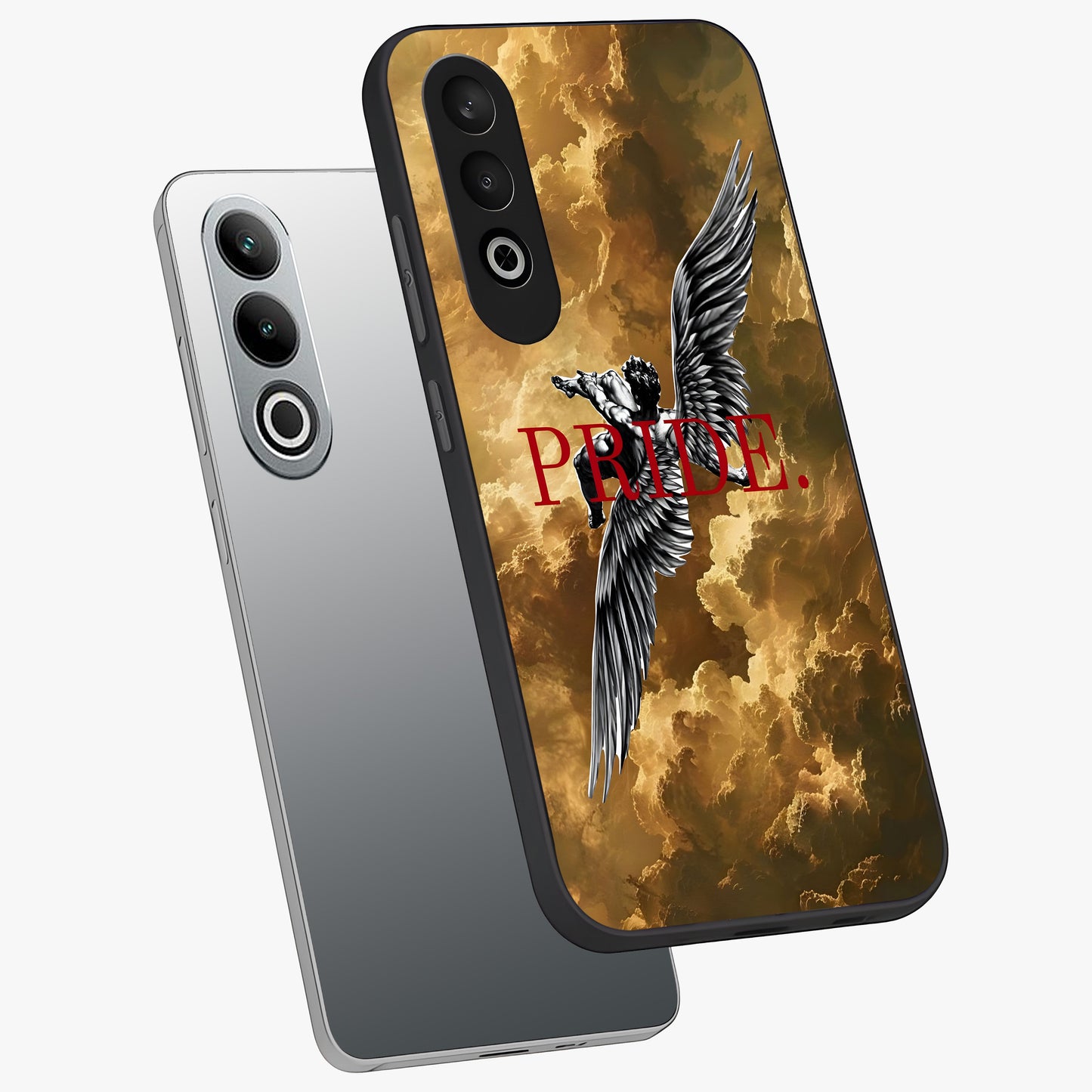 Celestial Fallen Pride Glass Case for 1+Nord CE 4 angled mockup showcasing glossy glass finish and intense night sky detailing