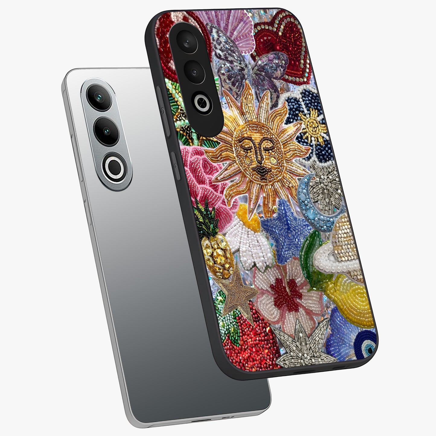 Celestial Floral and Playful Glass Case for 1+Nord CE 4 angled mockup showcasing glossy finish and colorful celestial detailing