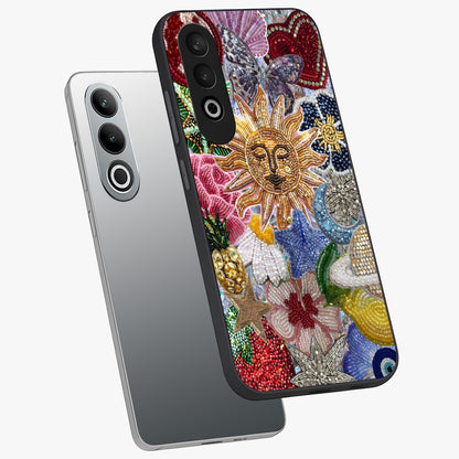 Celestial Floral and Playful Glass Case for 1+Nord CE 4 angled mockup showcasing glossy finish and colorful celestial detailing