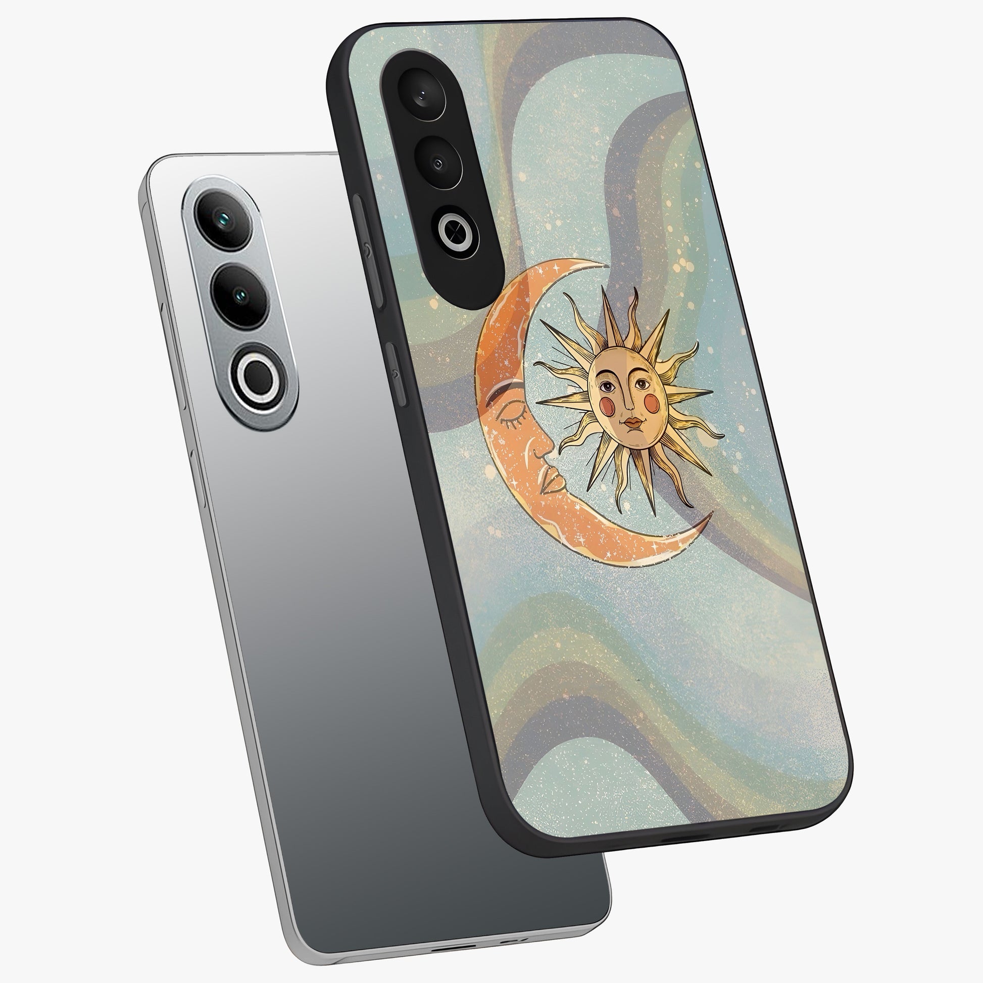 Celestial Harmony Vibes Glass Case for 1+Nord CE 4 angled mockup showcasing glossy finish and smooth celestial gradients