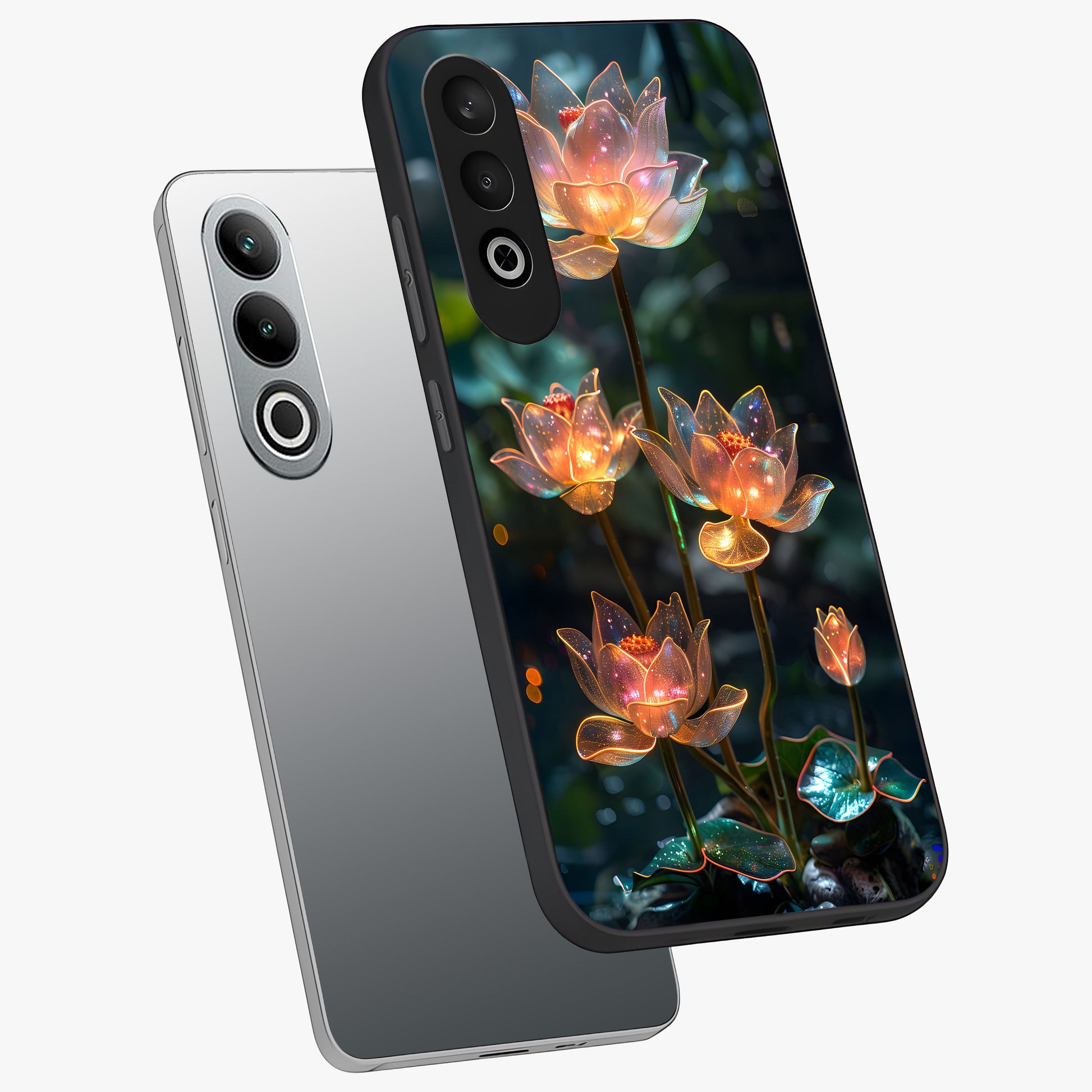 Celestial Lotus Light Glass Case for 1+Nord CE 4 angled mockup showcasing glossy finish and radiant celestial tones