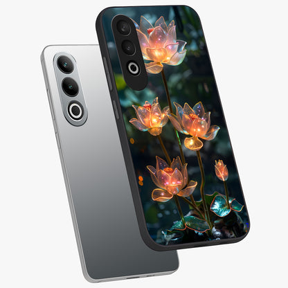 Celestial Lotus Light Glass Case for 1+Nord CE 4 angled mockup showcasing glossy finish and radiant celestial tones