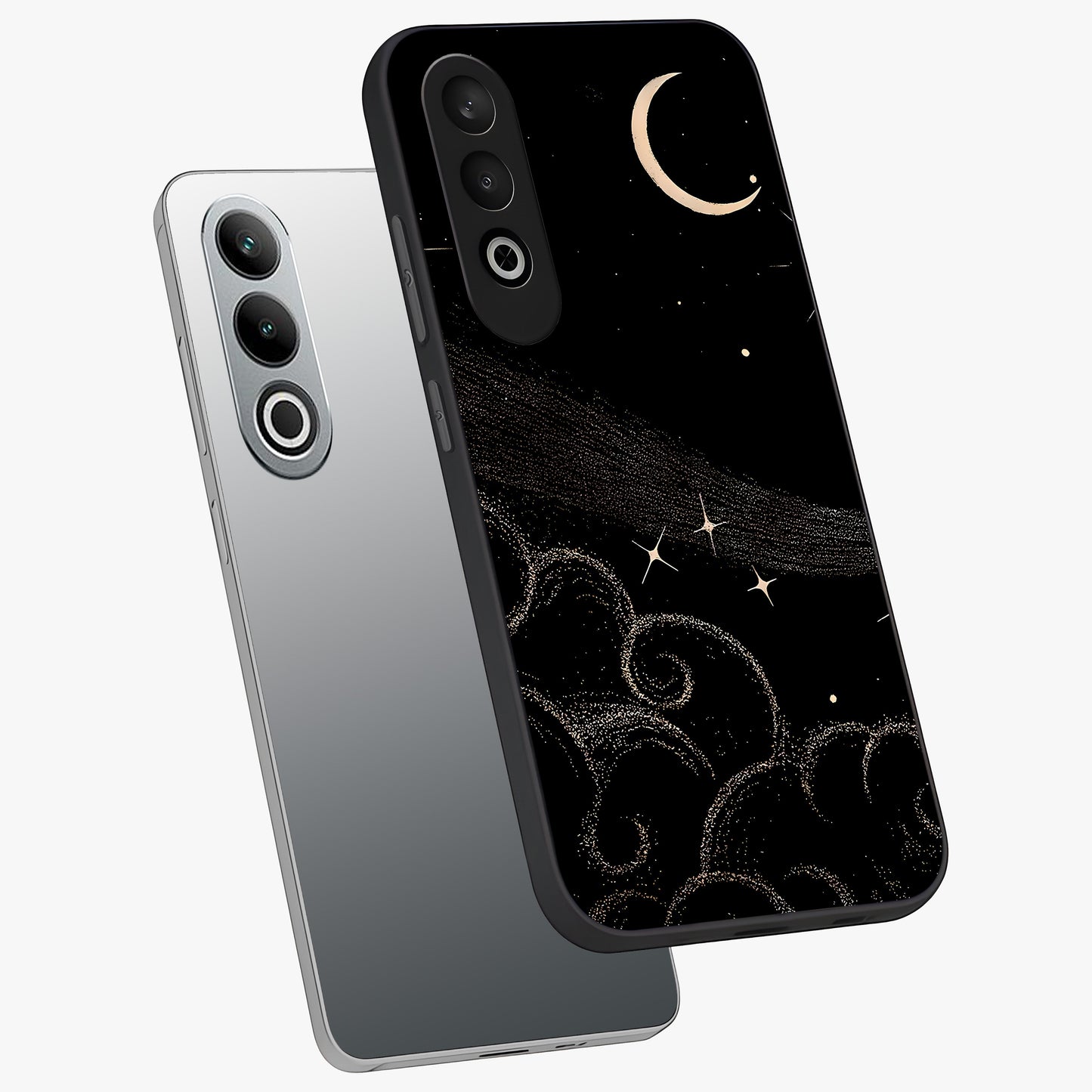 Celestial Midnight Veil Glass Case for 1+Nord Ce 4 angled mockup showcasing glossy finish and dark celestial gradients