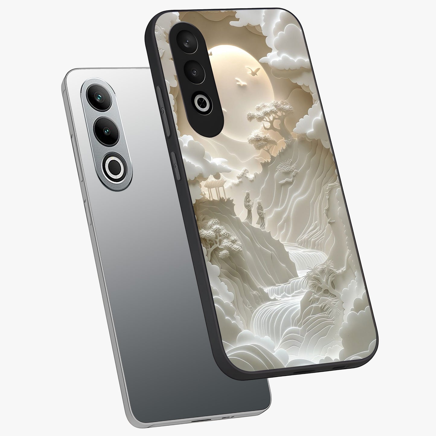 Celestial Origami Glass Case for 1+Nord CE 4 angled mockup showcasing glossy finish and geometric celestial design