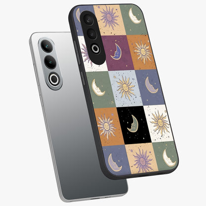 Celestial Patchwork Dreams Glass Case for 1+Nord CE 4 angled mockup showcasing glossy finish and layered celestial textures