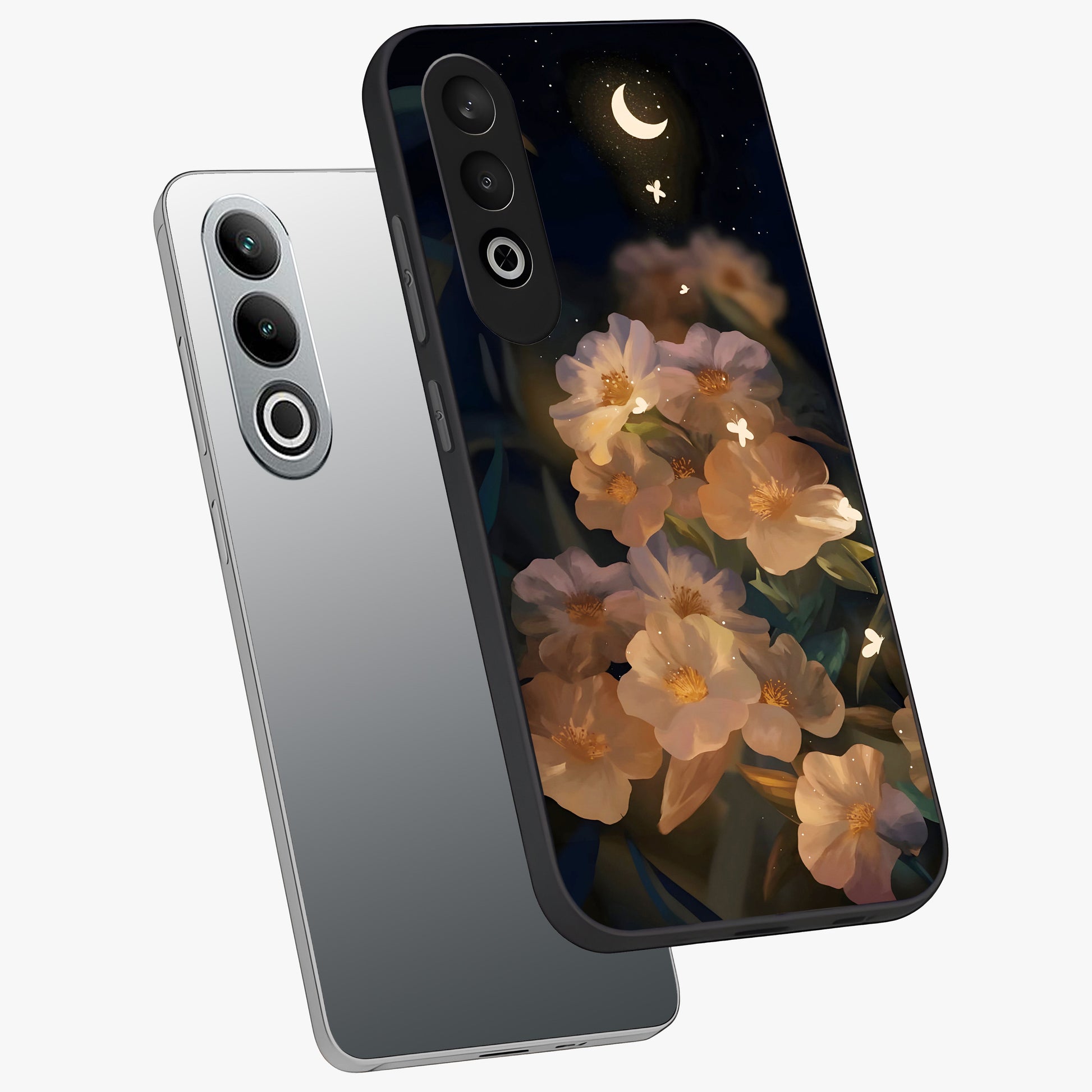 Celestial Petal Night Glass Case for 1+Nord Ce 4 angled mockup showcasing glossy finish and glowing celestial accents