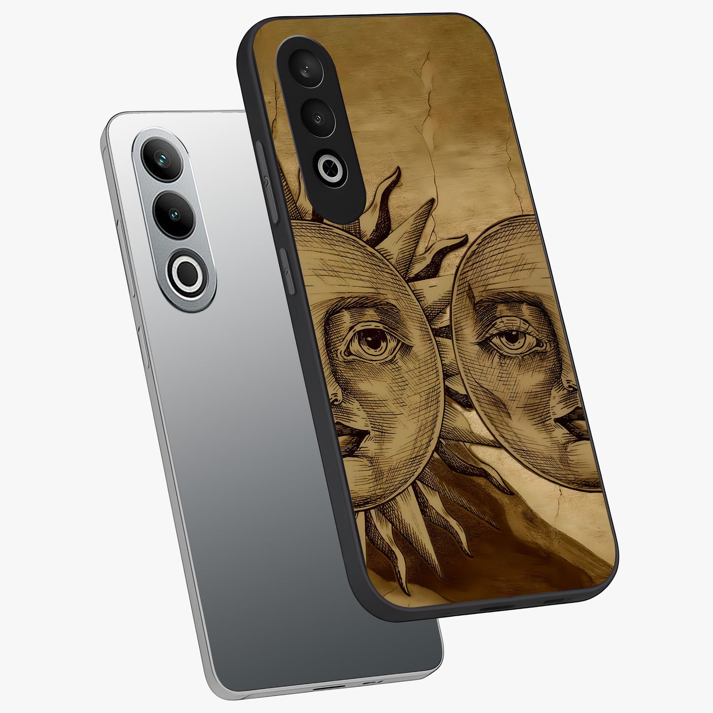 Celestial Relic Glow Glass Case for 1+Nord Ce 4 angled mockup showcasing glossy finish and radiant glow detailing