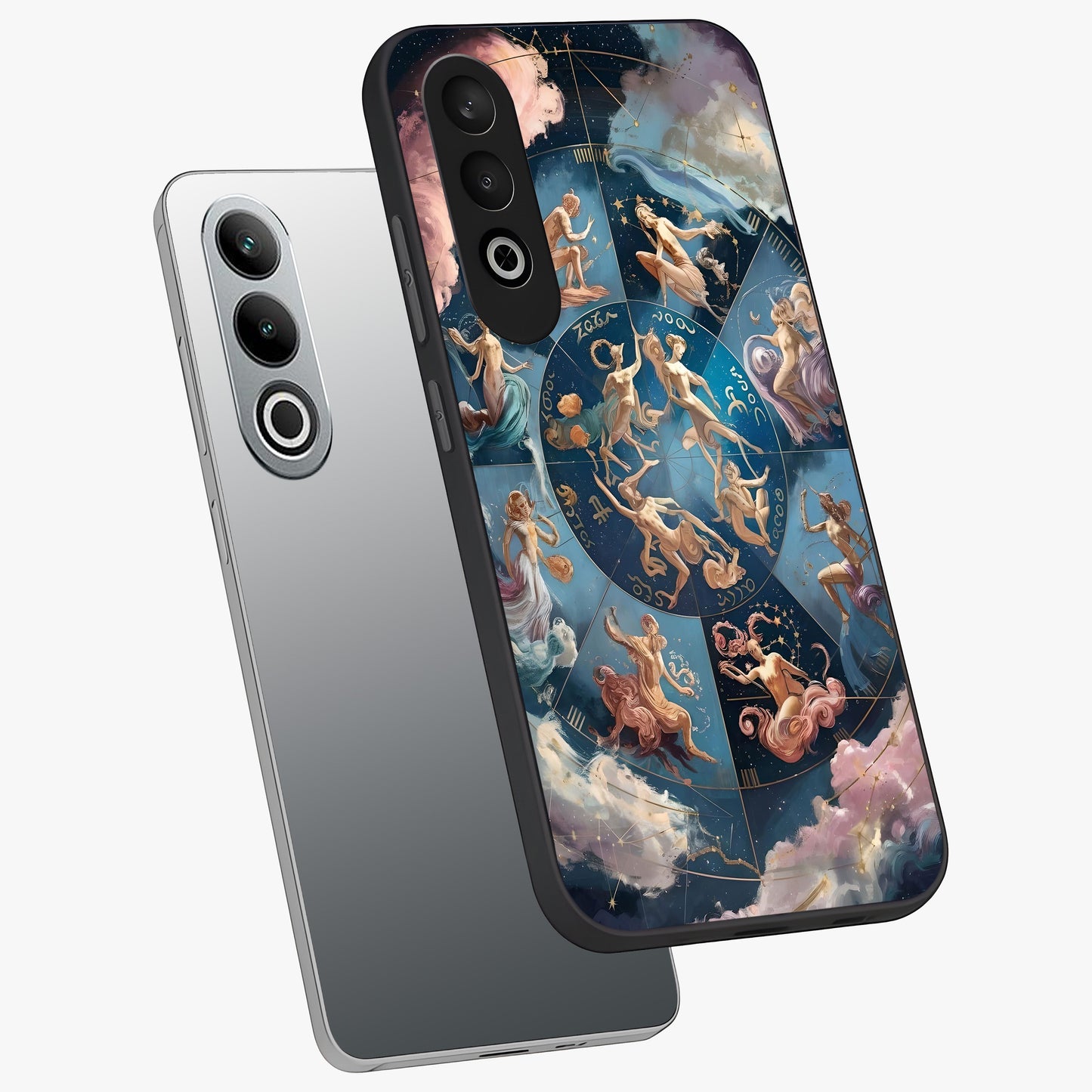 Celestial Signs Dance Glass Case for 1+Nord Ce 4 angled mockup showcasing glossy finish and cosmic sign detailing