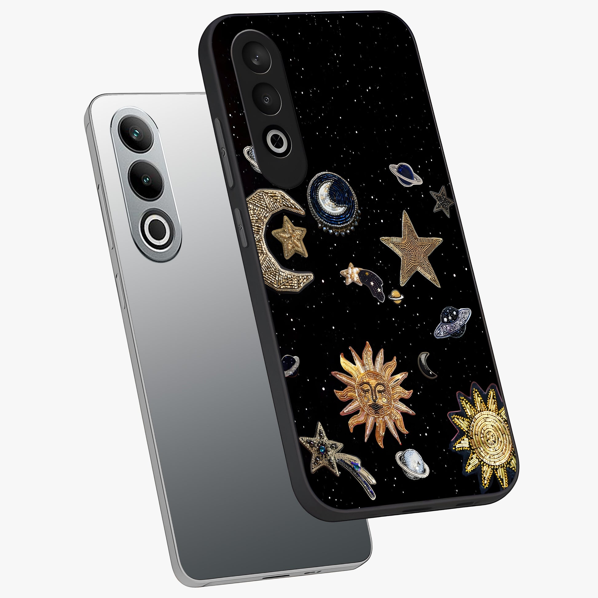 Celestial Star Charm Glass Case for 1+Nord Ce 4 angled mockup showcasing glossy finish and shimmering celestial tones