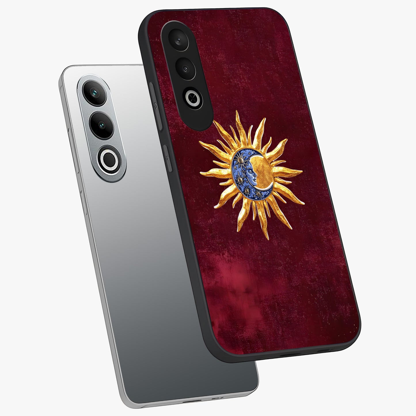 Celestial Unity Charm Glass Case for 1+Nord CE 4 angled mockup showcasing glossy finish and balanced cosmic design