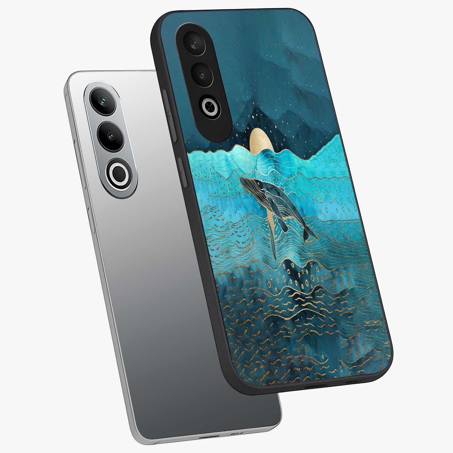 Celestial Whale Voyage Glass Case for 1+Nord CE 4 angled mockup showcasing glossy finish and deep celestial tones