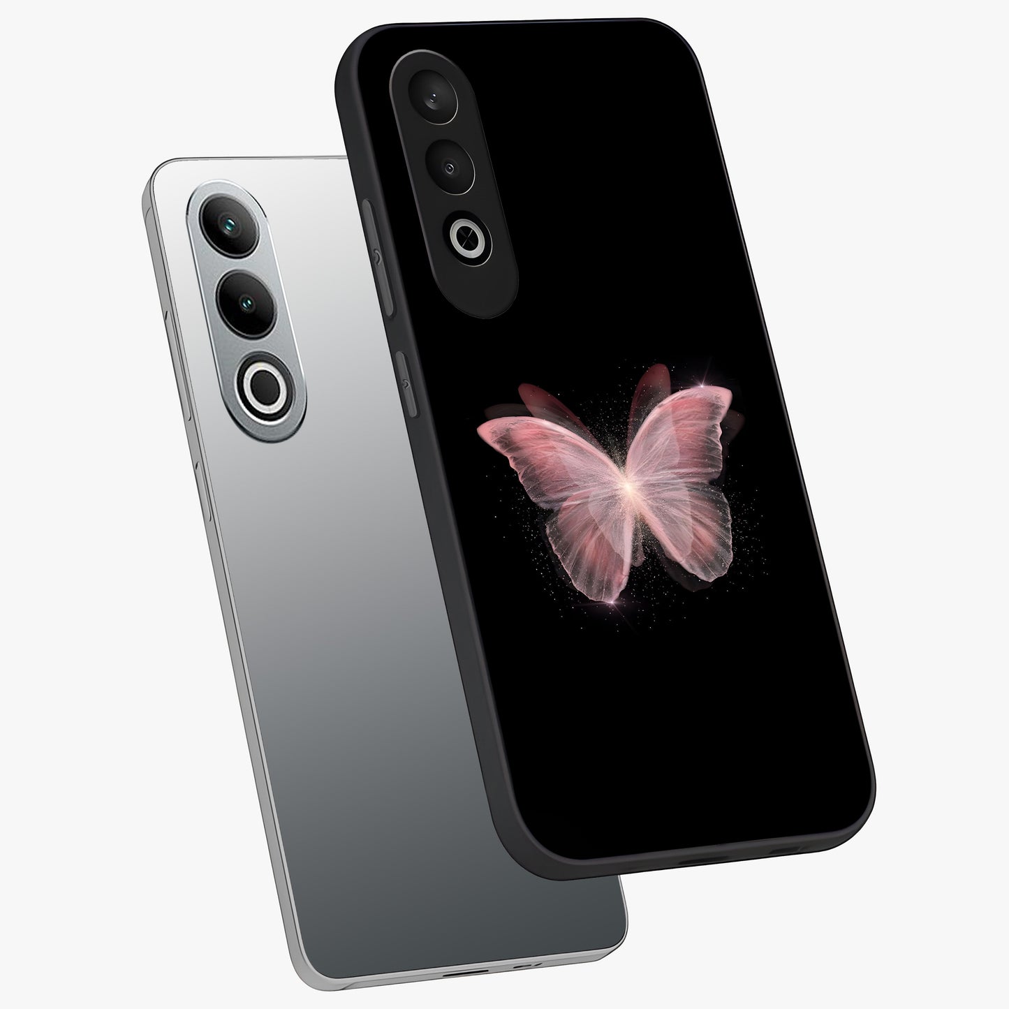 Celestial Wings Butterfly Glass Case for 1+Nord Ce 4 angled mockup showcasing glossy finish and luminous wing detailing