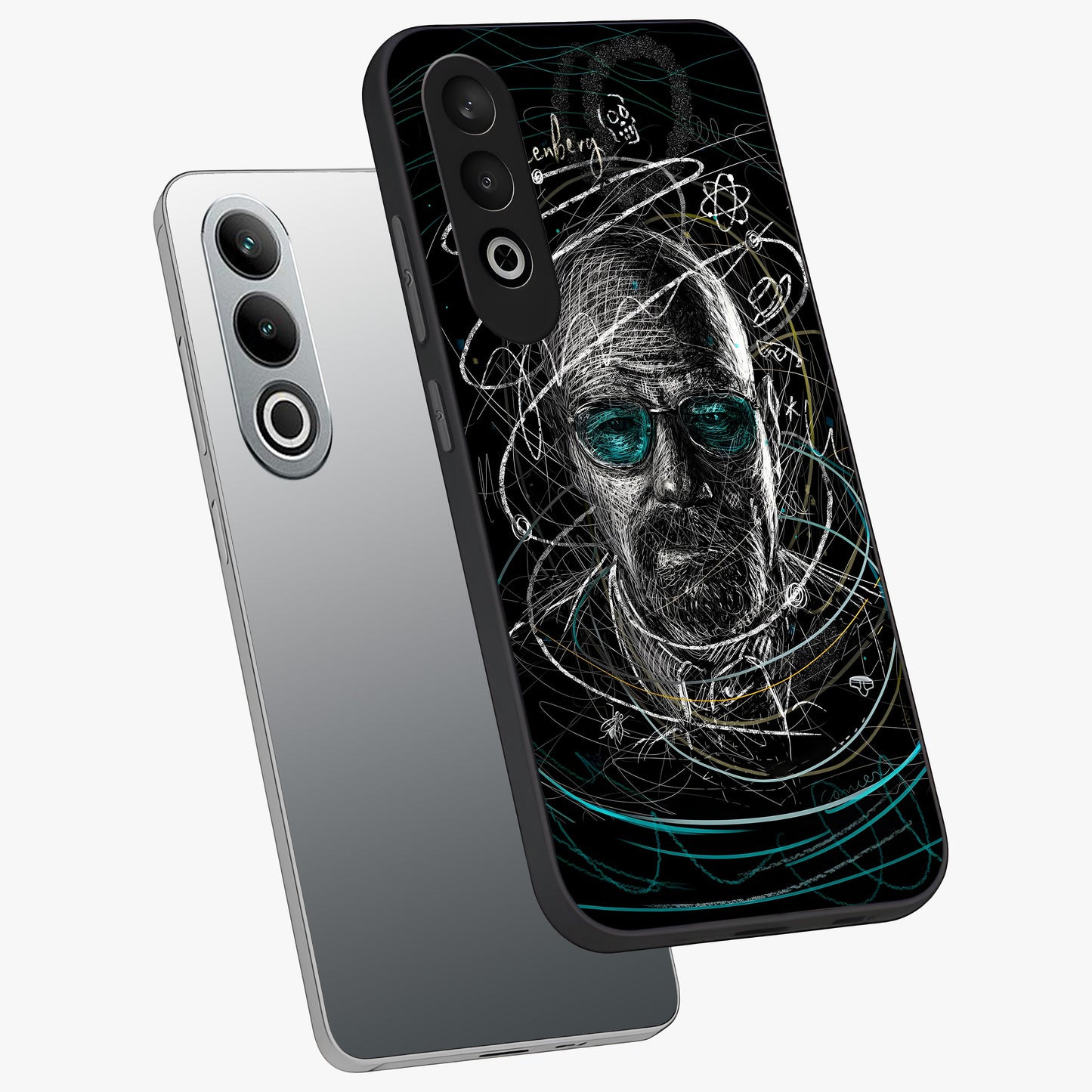 Chaotic Mind Genius Glass Case for 1+Nord Ce 4 angled mockup showcasing glossy finish and edgy artistic design