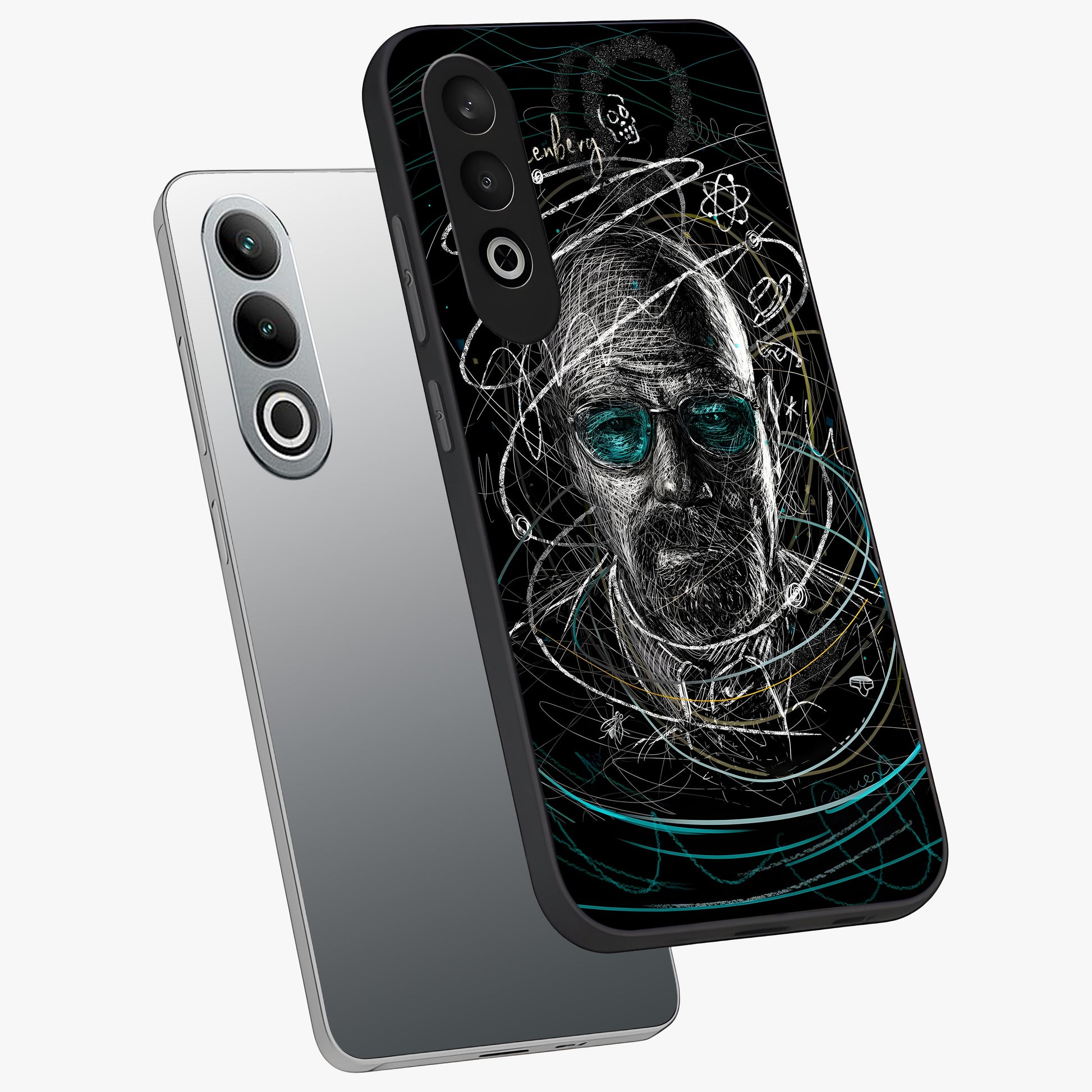 Chaotic Mind Genius Glass Case for 1+Nord Ce 4 angled mockup showcasing glossy finish and edgy artistic design