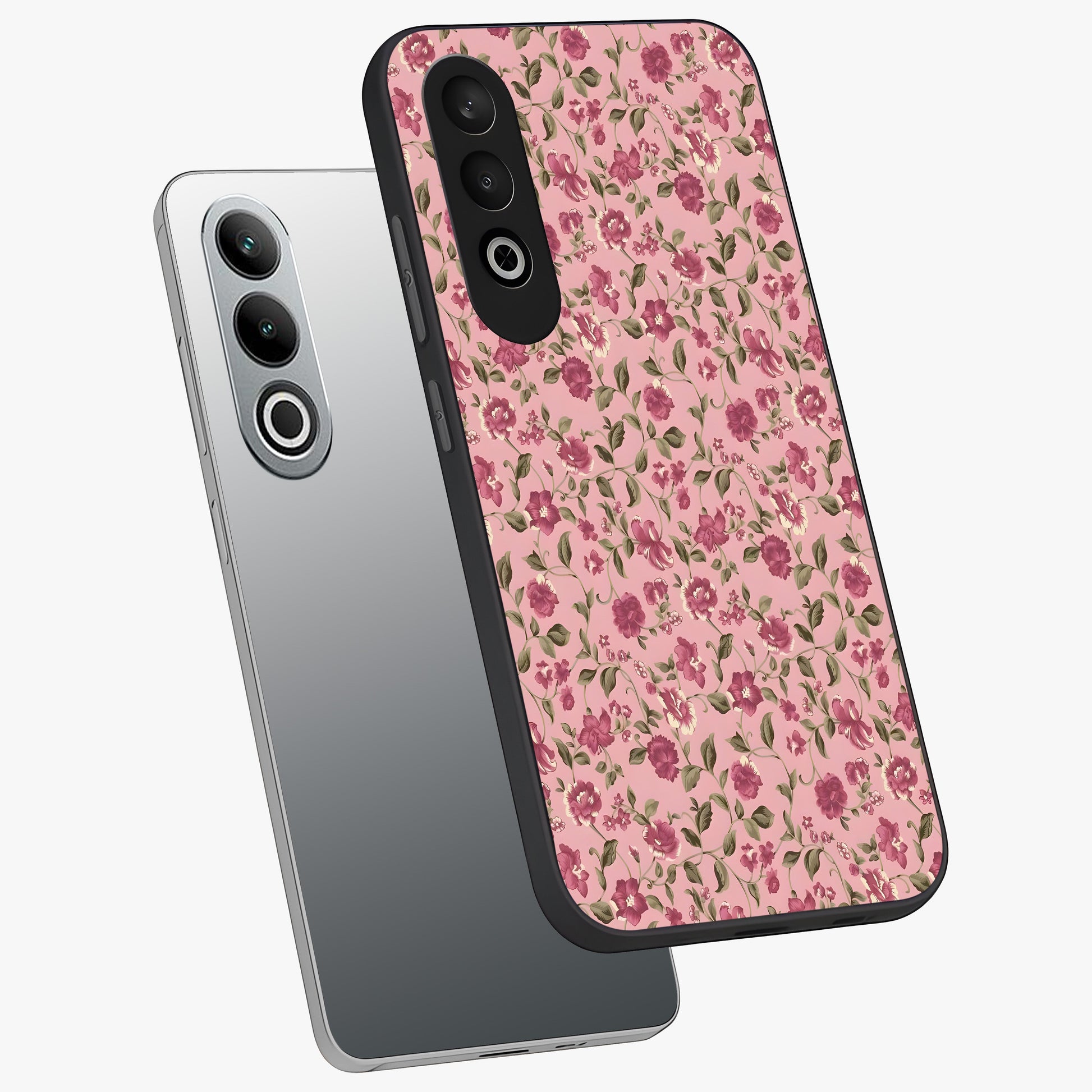Charming Pink Floral Glass Case for 1+Nord CE 4 angled mockup showcasing glossy finish and elegant bloom detailing