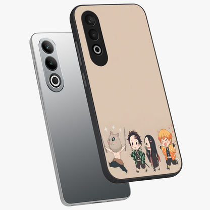 Chibi Demon Squad Glass Case for 1+Nord Ce 4 angled mockup showcasing glossy finish and vibrant anime inspired design
