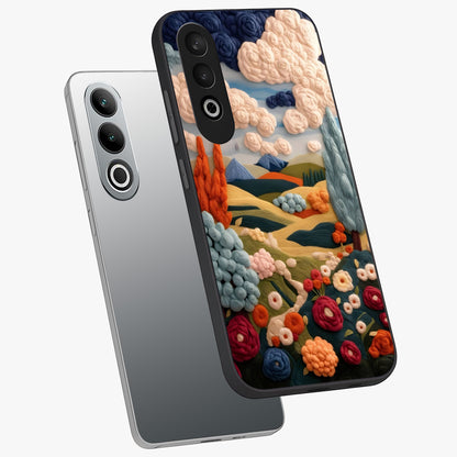 Cloud Cotton Meadows Printed Glass Case for 1+Nord CE 4 angled mockup showcasing glossy glass finish and airy pastel design