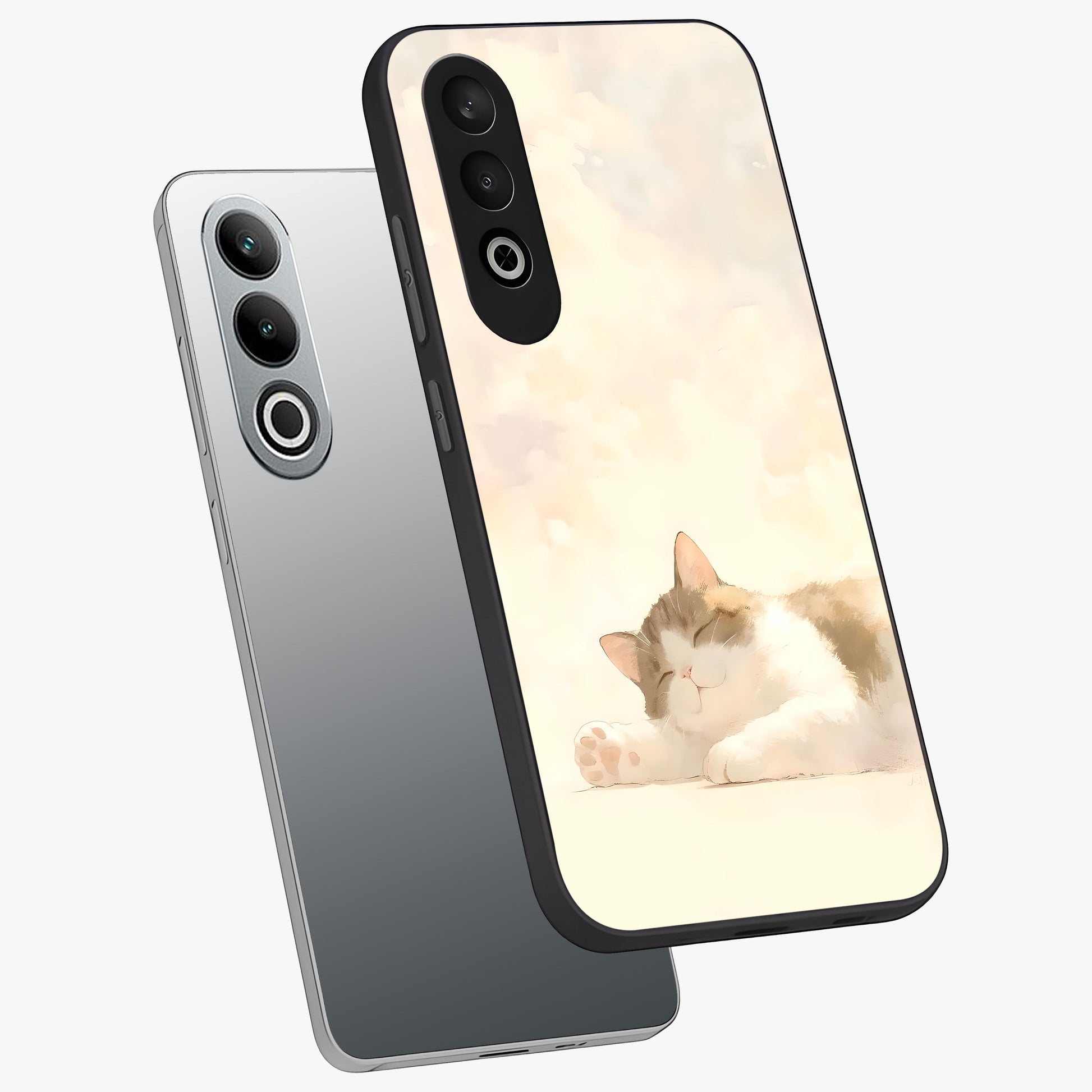 Cloud Nap Cat Glass Case for 1+Nord CE 4 angled mockup showcasing glossy finish and cozy pastel tones